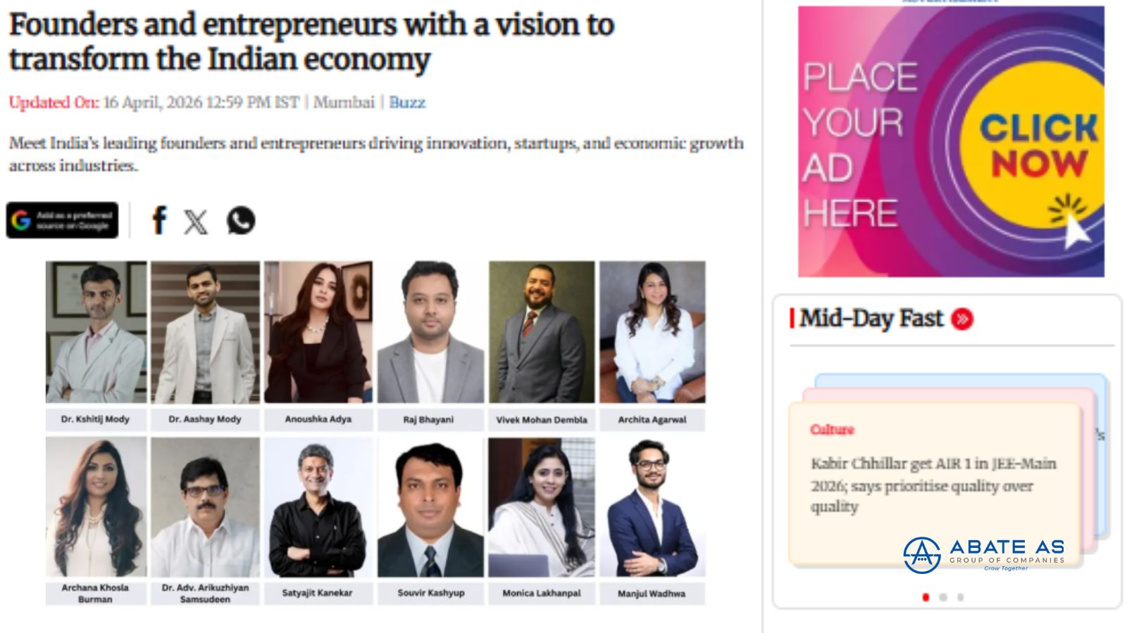 Abate AS Industries Featured in Mid-Day A Recognition of Vision and Impact